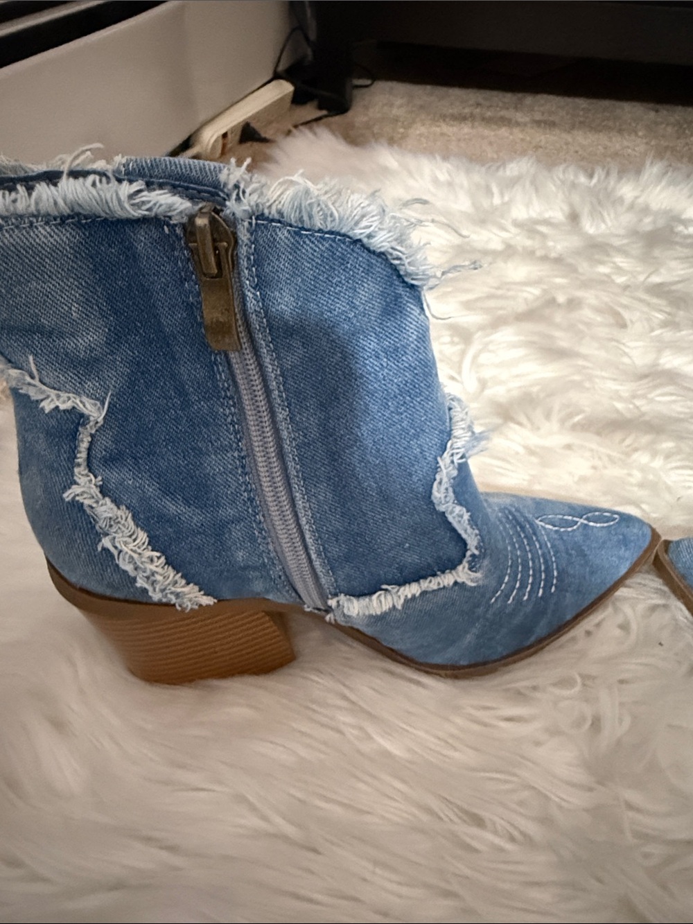 New never worn Distressed Light Blue Denim Ankle Boots with Side Zipper